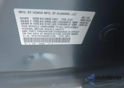 2019 Honda Pilot Ex-L z USA, uszkodzony, nr VIN 5FNYF6H58KB013796